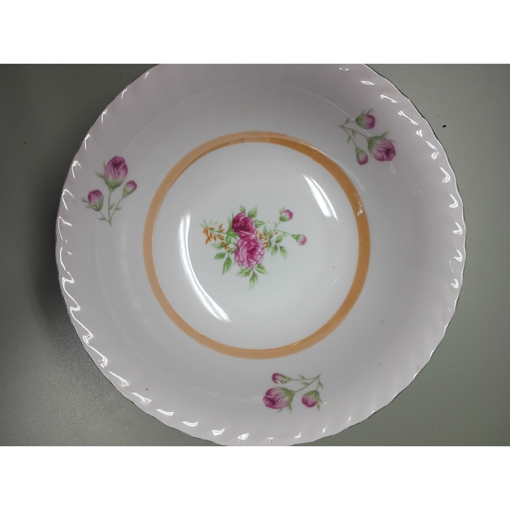 Vintage Japan Porcelain Berry Bowl Pink Rose Scalloped Edge 7.5 Inch Floral Bowl